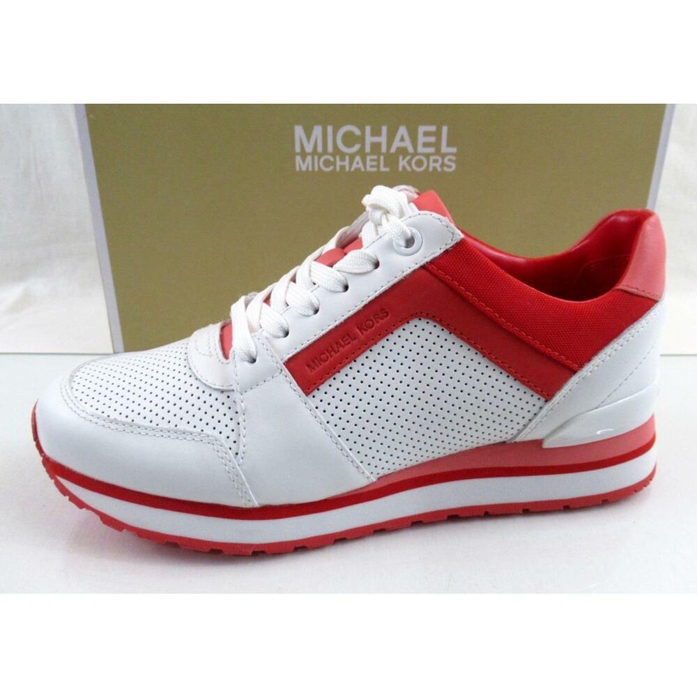 Michael Kors Billie Trainer Lace Up Sneakers Grapefruit White Red Pink Size 7 - Picture 2 of 9